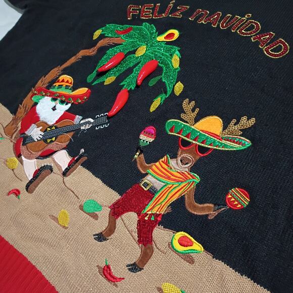 Ugly Christmas Sweater 3x(24W/26W) Feliz Navidad Chili Peppers Santa Avacados - Picture 2 of 12